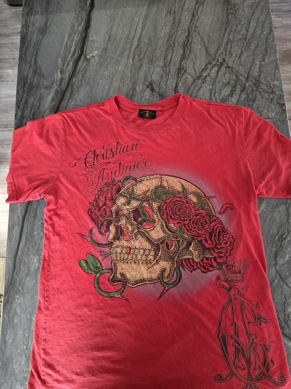 Christian Audigier Vintage Red Skull & Rose Embellished Tee